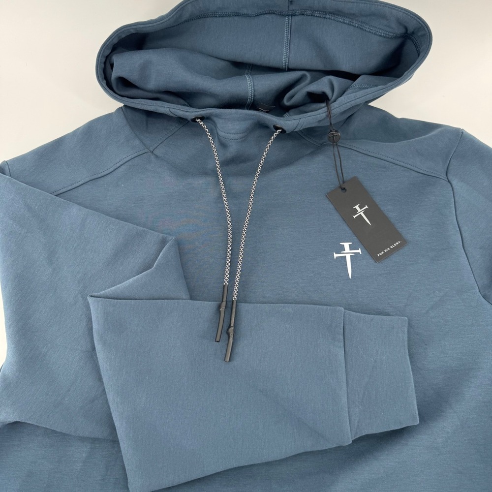 Three Nails Cross Logo Hoodie Mens Large Blue Gray Athletic Pullover Sweatshirt